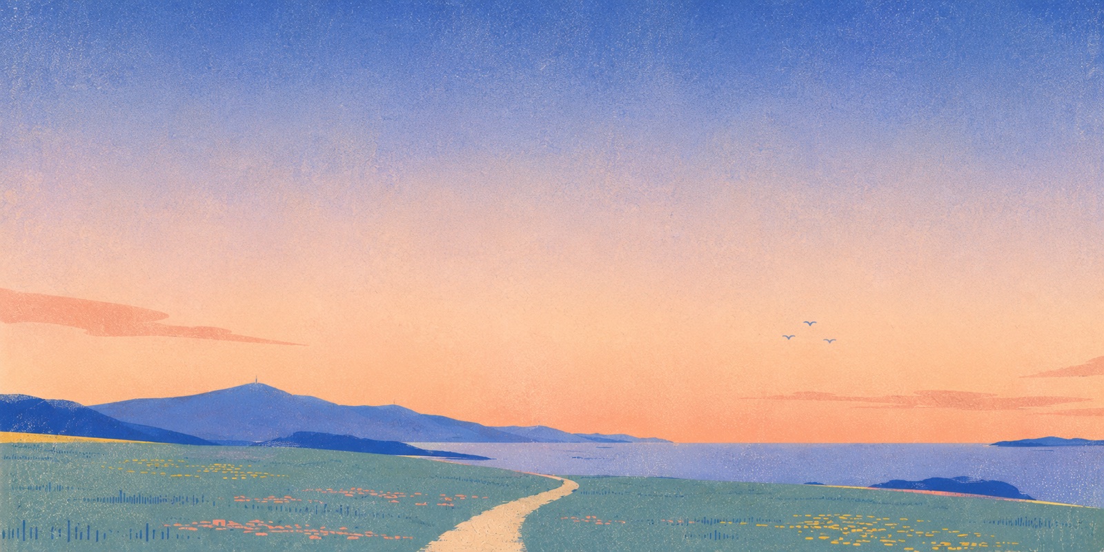 A path winding through a meadow toward the sea at sunrise